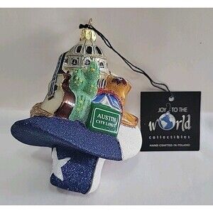 Joy to the World Austin Texas City Limit Glass Christmas Ornament Poland Glitter